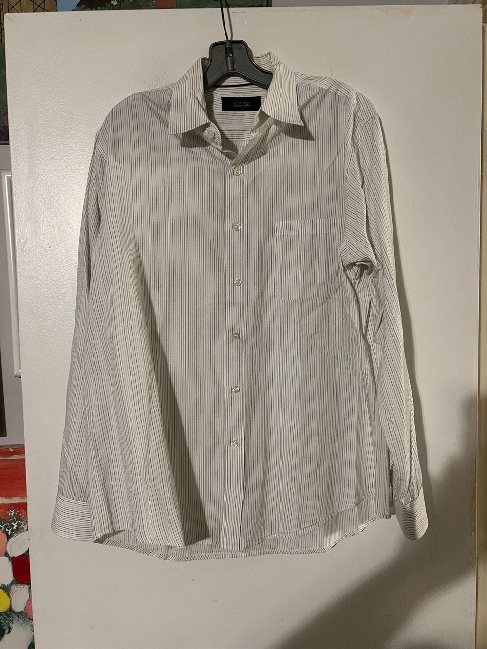 Tasso Elba men’s white w/multi color pinstripe dress shirt. 100% cotton